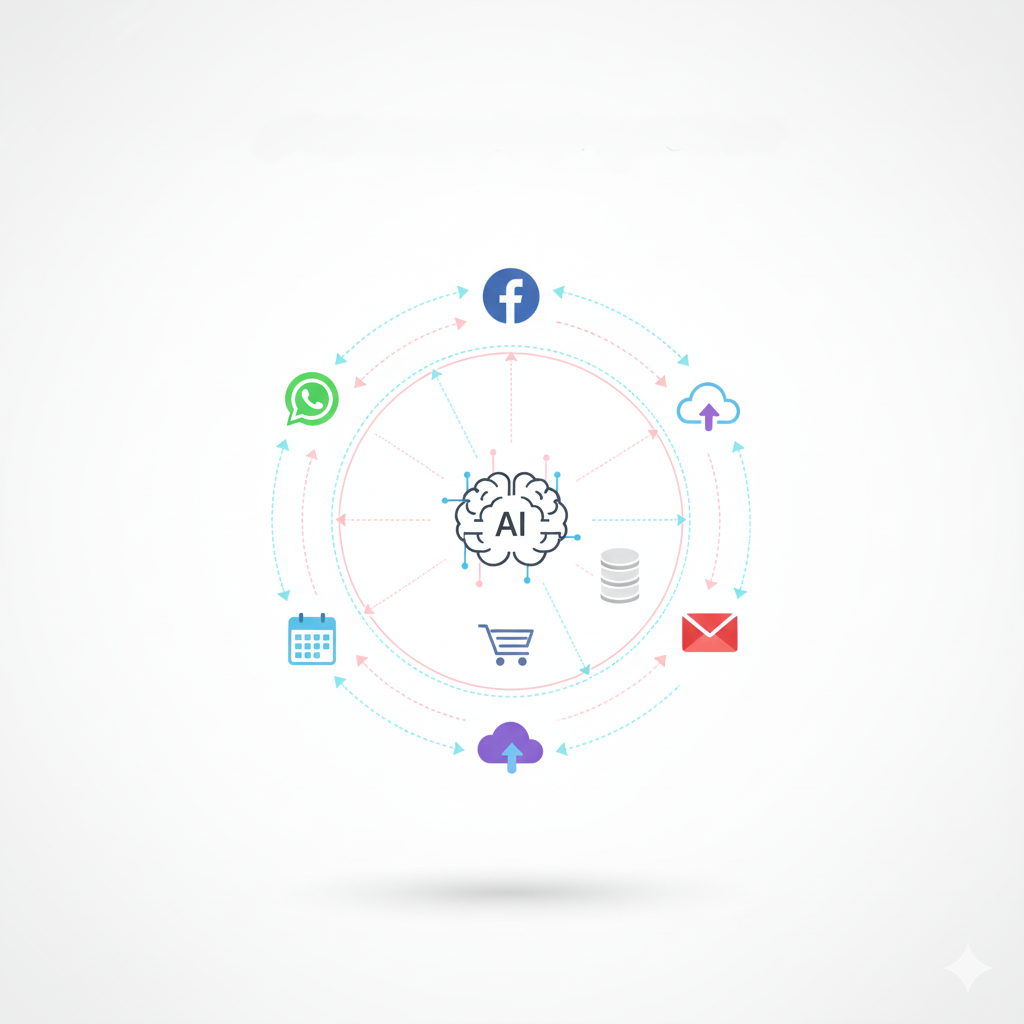 Representación visual de la automatización de procesos mediante IA, conectando iconos de WhatsApp, Facebook, email, calendario, e-commerce, bases de datos y la nube alrededor de un cerebro de IA, con flechas indicando el flujo de datos.