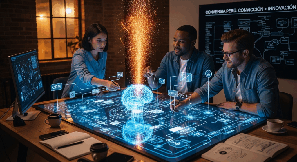 Equipo de expertos de Conversia Perú en una sesión de estrategia, colaborando apasionadamente alrededor de una interfaz holográfica de IA. La imagen simboliza la 'Convicción + Innovación' que impulsa la tecnología de la empresa.