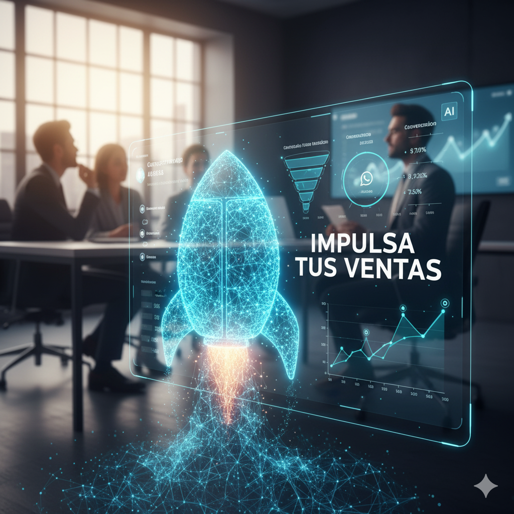 Imagen de una sala de reuniones con ejecutivos y una proyección holográfica que muestra un cohete despegando con el texto "IMPULSA TUS VENTAS" y gráficos de crecimiento, simbolizando el impacto de los Agentes Inteligentes en las ventas.