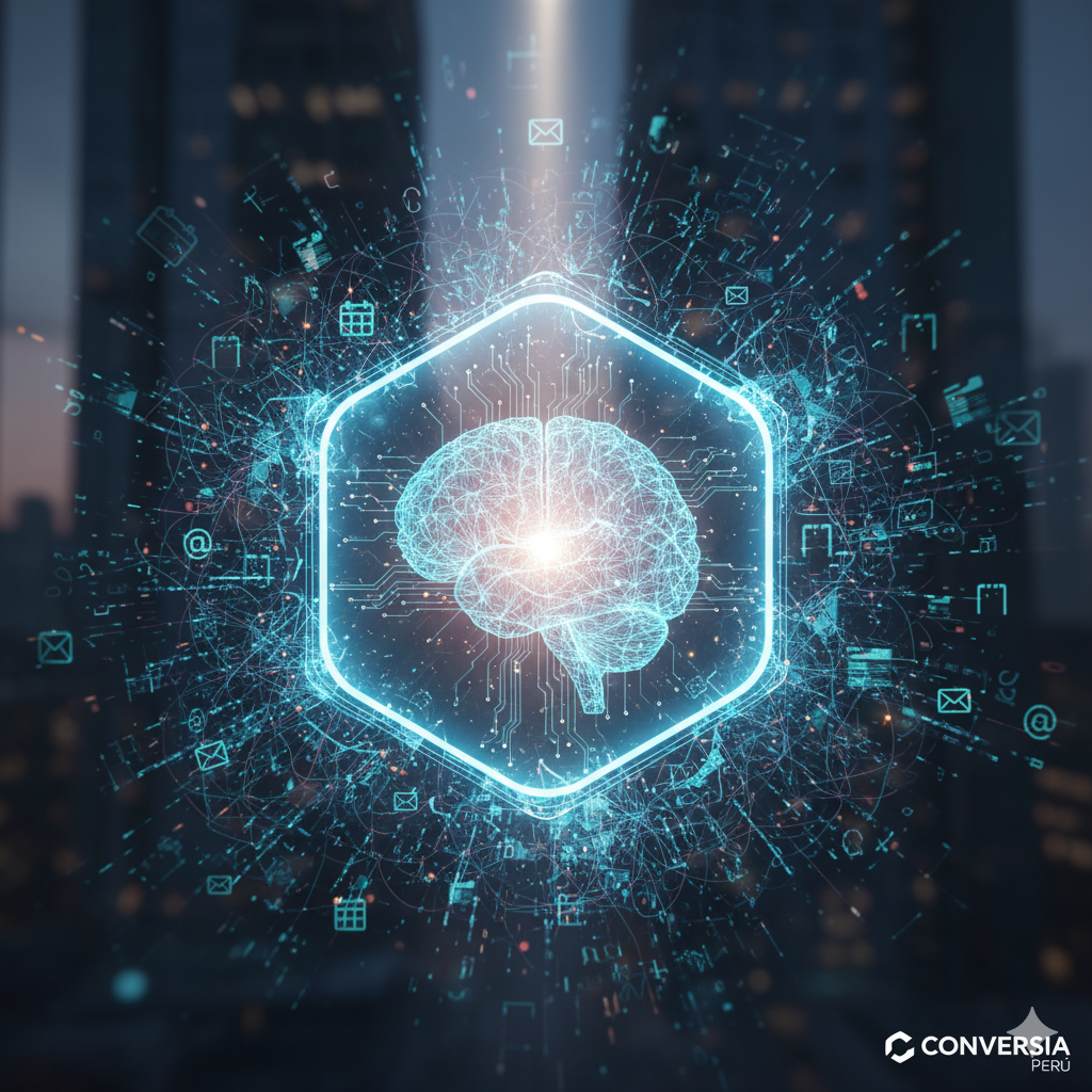 Gráfico abstracto de inteligencia artificial que simboliza la misión de Conversia Perú: proteger la Visión de un negocio (representada por un núcleo brillante y enfocado) del caos operativo (líneas de datos desordenadas en el exterior).